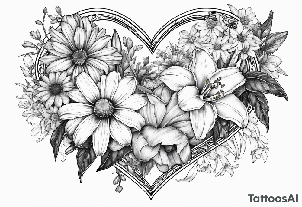 Daisy, lily, narcissus, larkspur, gladiolus, chrysanthemums, in a heart tattoo idea