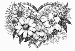 Daisy, lily, narcissus, larkspur, gladiolus, chrysanthemums, in a heart tattoo idea