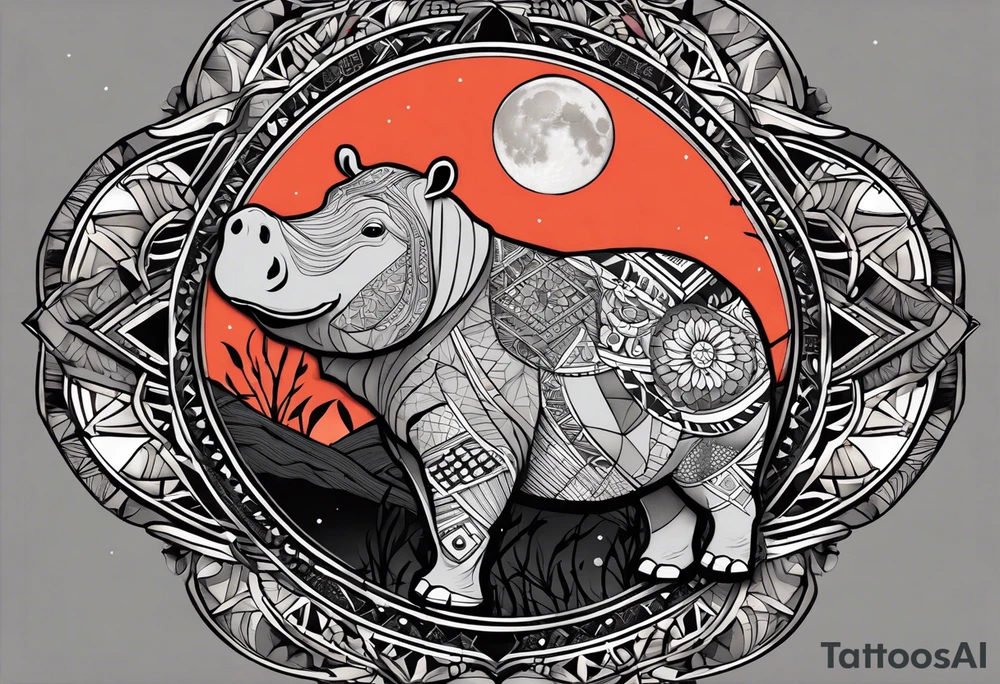 Very asymmetrical, +geometric pattern, with realistic full moon, with hippo at side look, +tribal, +geometric, +inkart , +blackwork, +grey scale, + sketch
with wintersweet flower bud, +inkart touch, +for men, detailed , combined favourite tattoo idea