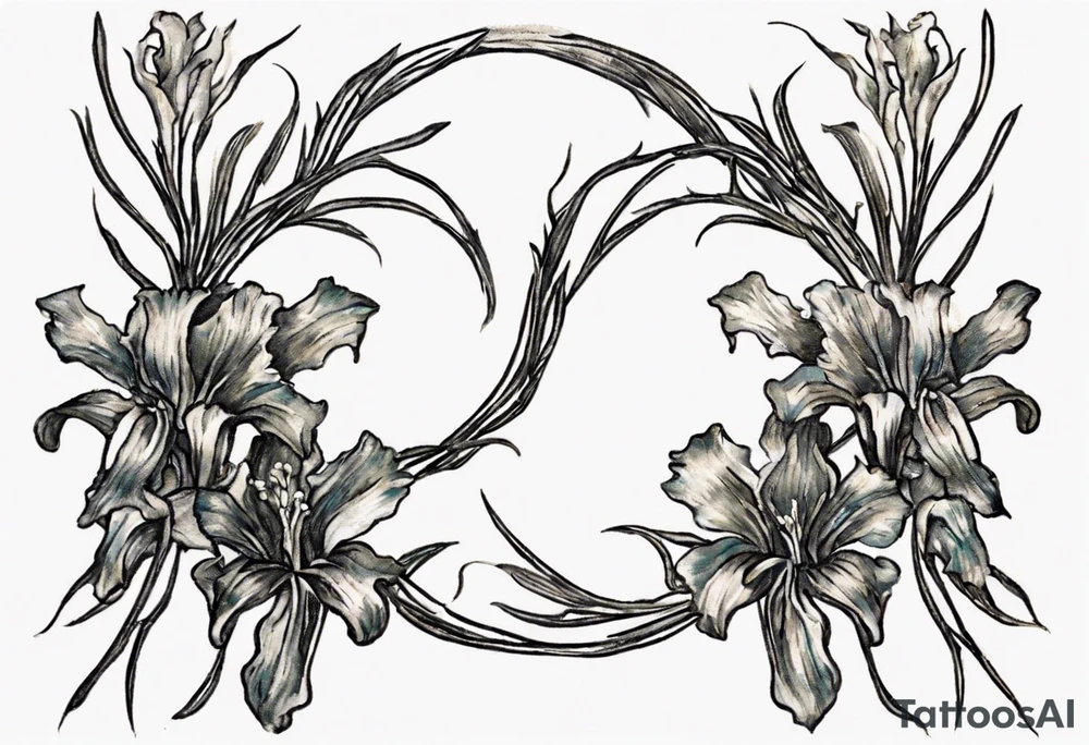 Create a small Vincent van Gogh Irises tattoo. The tattoo should take the form of a crescent, with vines gracefully intertwining at a central point in the middle of the wreath. Ensure that the design avoids the appearance of a bush and maintains a more structured and deliberate arrangement. The intended placement is on the upper chest. The overall design should be small in size while maintaining a delicate and artistic aesthetic. Pay attention to the graceful flow of the vines and the placement of the irises to achieve a refined and elegant look. tattoo idea