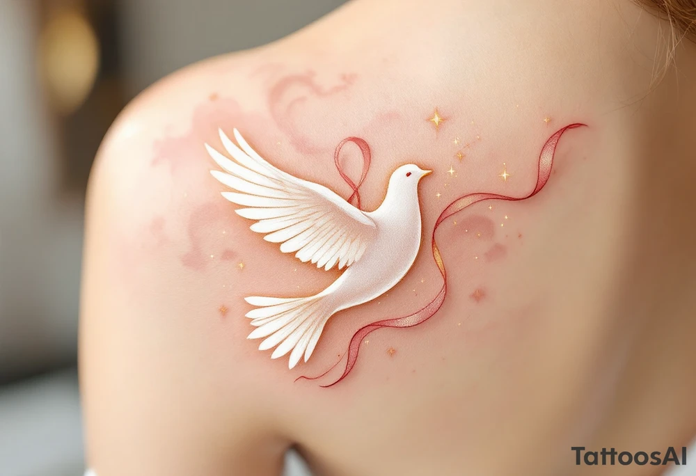 A majestic white dove with outstretched wings, gracefully soaring through the sky, with soft golden light illuminating its feathers. Delicate wisps of clouds swirl around it, creating a sense of movement and freedom. A flowing silk ribbon in soft pastel pink tattoo idea