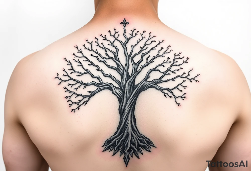 mystical tree of life with cosmic roots and celestial branches tattoo idea
