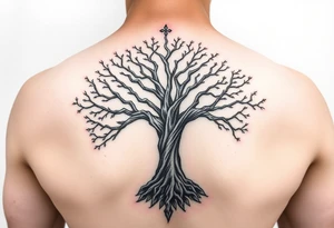 mystical tree of life with cosmic roots and celestial branches tattoo idea