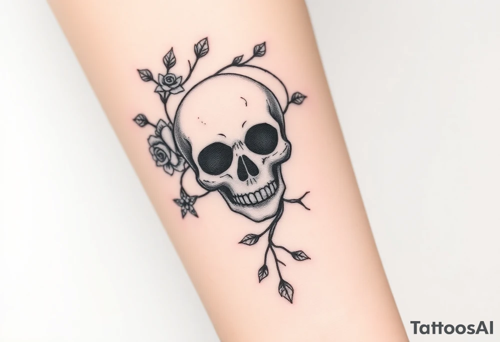 gothic skull intertwined with climbing roses and thorny vines tattoo idea