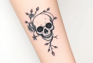 gothic skull intertwined with climbing roses and thorny vines tattoo idea