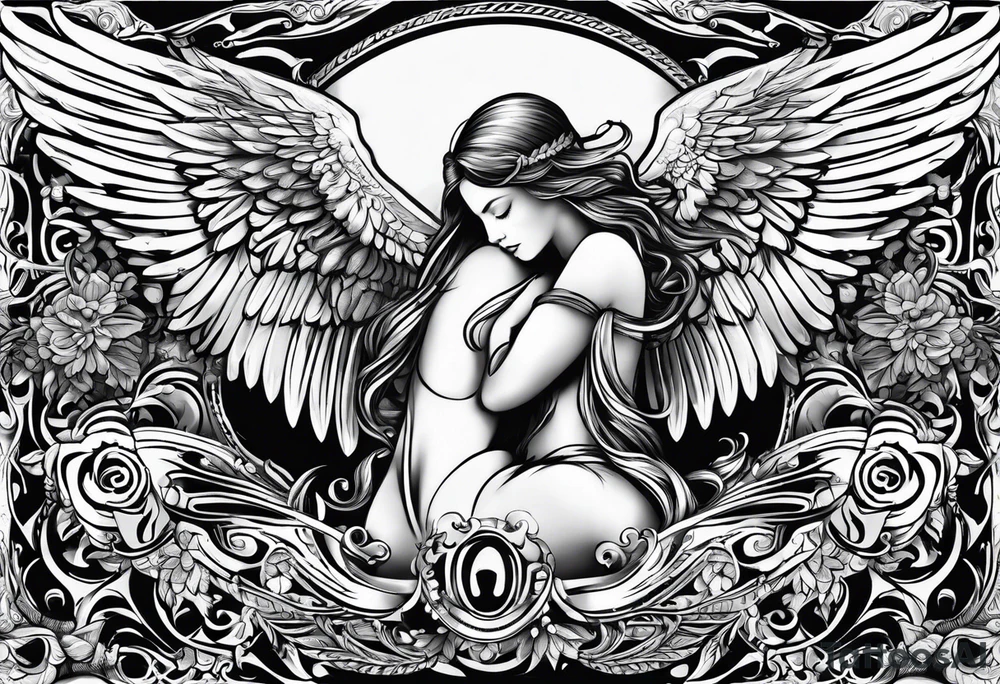 the word Glenn on a banner and angel wings tattoo idea