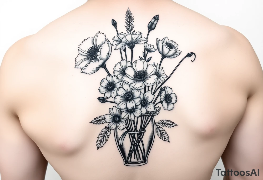 poppy, gladiolus, holly, narcissistic, daisy, and sweet pea in a vase tattoo idea