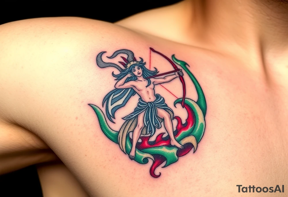 A Sagittarius figure engulfed in swirling cosmic energy, blending green, gray, and red tones tattoo idea
