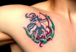 A Sagittarius figure engulfed in swirling cosmic energy, blending green, gray, and red tones tattoo idea