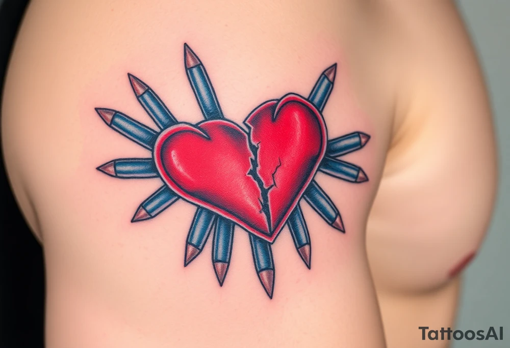 Red Broken hearts surrounded by blue bullets tattoo idea