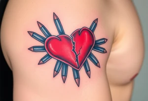 Red Broken hearts surrounded by blue bullets tattoo idea