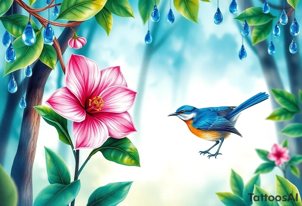 forest background with blue rain drops, pink camelia flower and blue wren bird tattoo idea