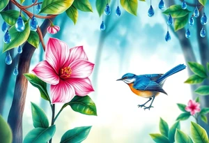 forest background with blue rain drops, pink camelia flower and blue wren bird tattoo idea