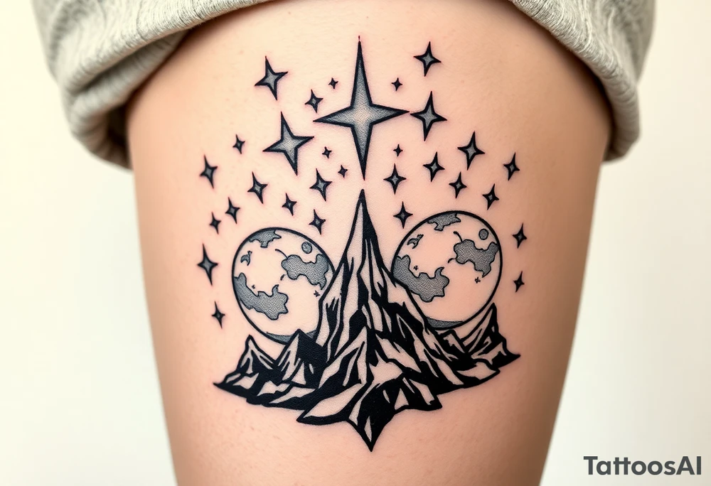 Black stars rising in alien skies with twin moons tattoo idea