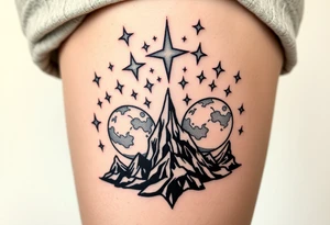 Black stars rising in alien skies with twin moons tattoo idea