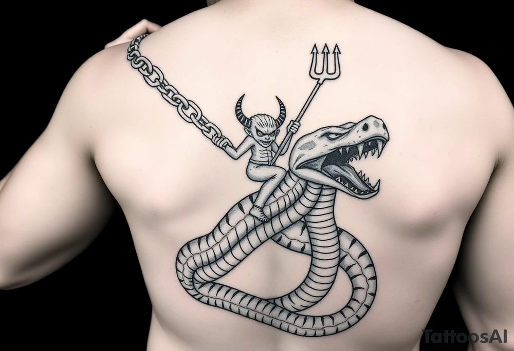 A giant ugly man at tall as a sky scraper holding a chain with a snake and something with devils horns ridding the snake both being slaves the snake has a wide shaped cobra head with goat horns and  a mouth full of sharp teeth and long fangs like a saber tooth tiger with the demonic guy riding on the back of snake with a pitch fork in 1 hand tattoo idea