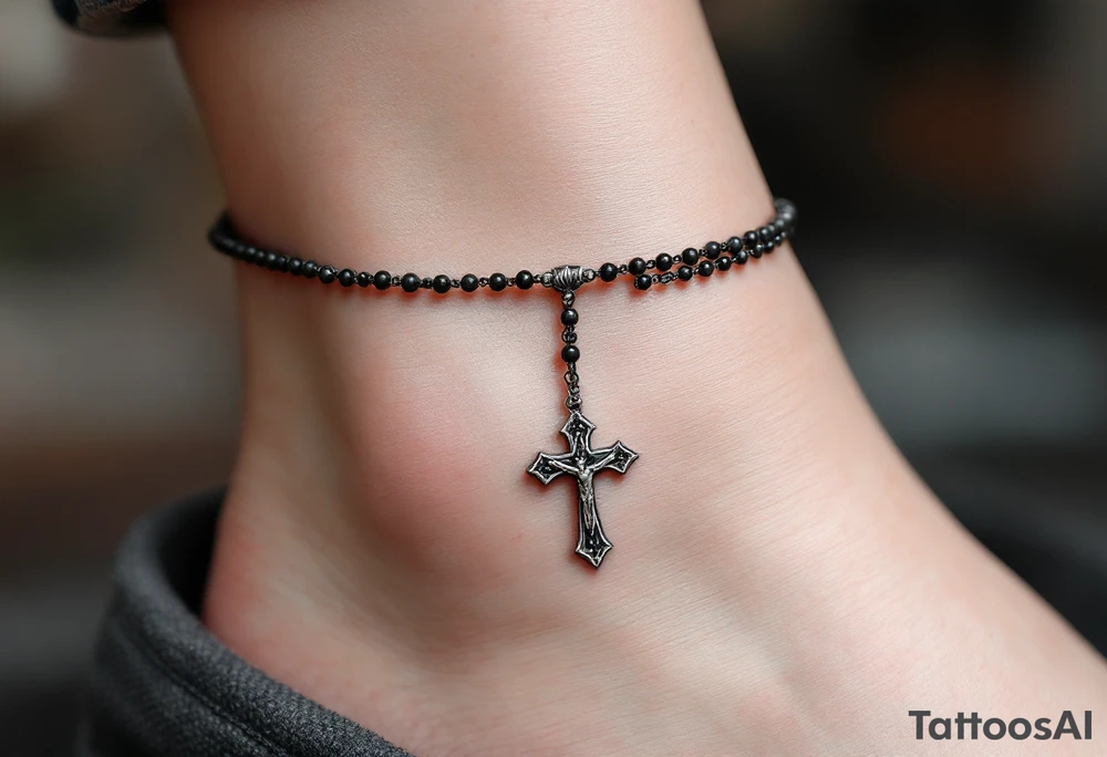 Delicate black‑ink rosary wrapping twice around the ankle, fine bead‑by‑bead shading that creates soft depth; each bead slightly worn for a vintage look, ending at the front of the ankle with a small detailed silver‑gray crucifix that rests just below the anklebone, subtle highlights on the chain links to suggest polished metal while keeping the overall palette muted charcoal and cool gray for an elegant, timeless feel. tattoo idea