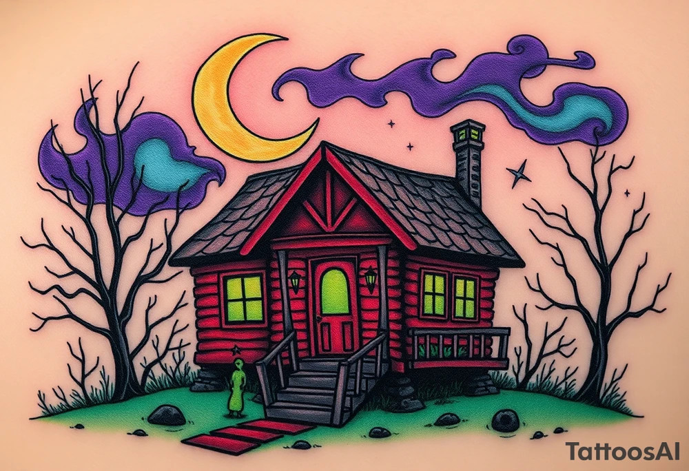Tim Burton’s haunted pastel wood cabin home is abandoned and dripping with muted reds, dusty pinks, and eerie green glow.purple and cyan smokey clouds swirl in the crescent moonlit sky thats sprinkled with stars tattoo idea tattoo idea