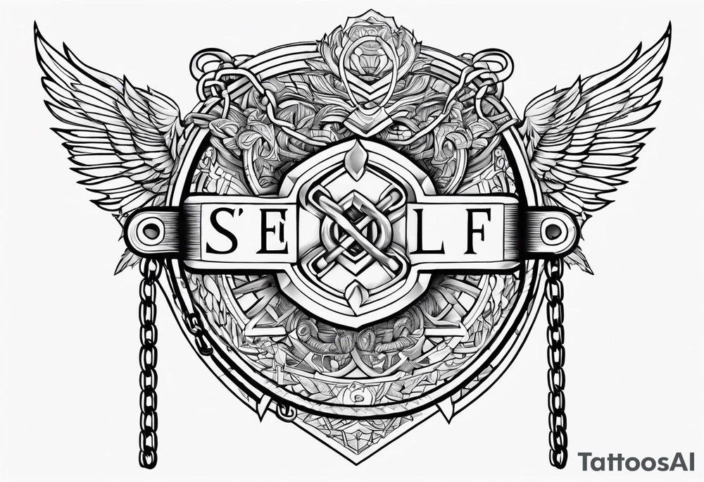 Tattoo of the word 'Self discipline' tied on both ends with metal chains and connected in the middle with a lock tattoo idea