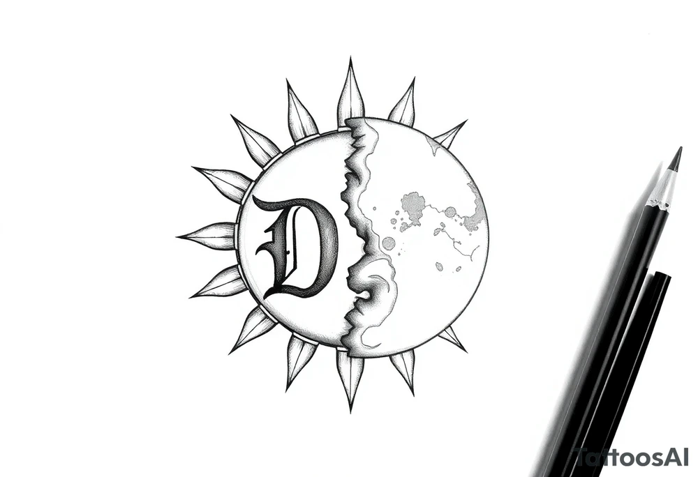 the letter D in the sun and the letter T in the moon tattoo idea