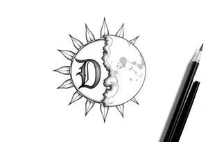 the letter D in the sun and the letter T in the moon tattoo idea