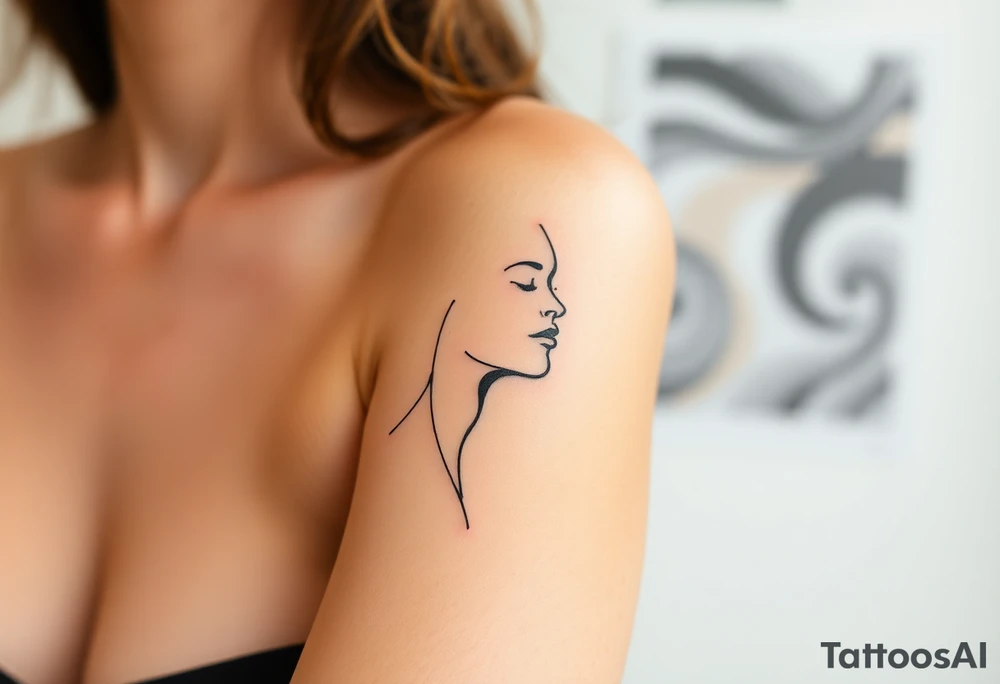 Desenhe uma tatuagem que simbolize uma mulher feminista de 41 anos, mãe de dois filhos homens, independente e filósofa inspirada nas teorias de Deleuze. A tatuagem deve expressar força, liberdade e conexão com a multiplicidade da vida, incorporando elementos abstratos e fluidos, com linhas que sugiram movimento e transformação contínua. Evite clichês e busque um design original e significativo. tattoo idea