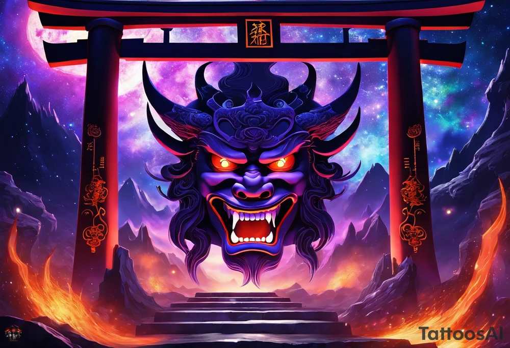 torii gate in biomechanical style in background.

Dominant demonic figure, formidable face with royal king features, has a evil grin and a bit of open mouth with glimpse of devil fang teeth, similar to skull features, framed by deep-set glowing galaxy eyes, head has prominent purple deep blue flames (Not standalone horns) with intricate recognizable swirling galaxy shaped textures with fiery peacock blue green turquoise colour highlights. 

face has peacock feather texture. face is 85%, gate is 15%. 

face has braids hanging with feathers at end. tattoo idea