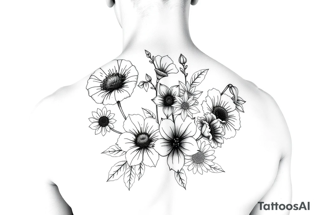 poppy, gladiolus, holly, narcissistic, poinsettia, daisy, and sweet pea arm tattoo tattoo idea