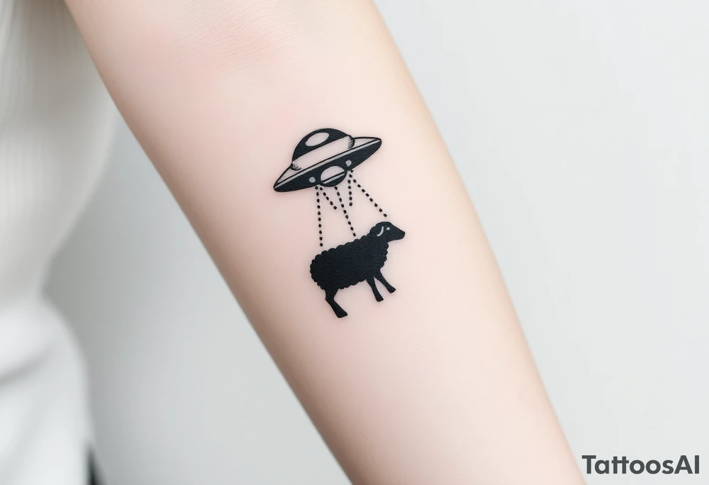 UFO abducting a black sheep. No color. Black and gray scale on back of arm above elbow tattoo idea