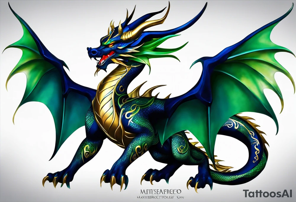 Tribal Tattoo: An epic with no wings, floating. Its long body coiling dynamically, with scales and horns detailed to create a sense of movement and strength. The dragon's main color is midnight blue but features little accents in green, blue, and gold, giving a vibrant depth and a mystical aura. This tattoo highlights the dragon’s fierce expression and sharp claws as it wraps protectively around the leg. Style: Tribal tattoo idea