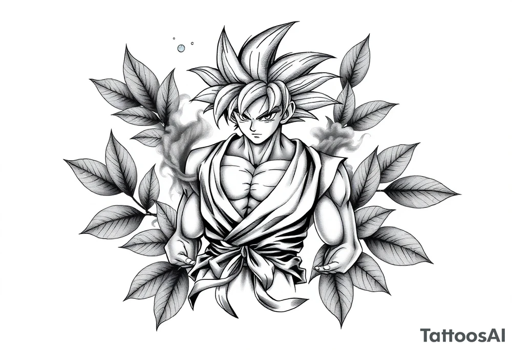 Tattoo design of Son Goku with smoke flowing through his body, surrounded by leaves in negative space effect, featuring soft shading around the edges and dotwork shading inside, with multiple contrast levels throughout. Highly detailed, intricate design with dynamic composition, emphasizing the interaction between the smoke and character, with the negative space leaves creating depth and balance. Professional tattoo art style with clean lines and sophisticated shading techniques. tattoo idea