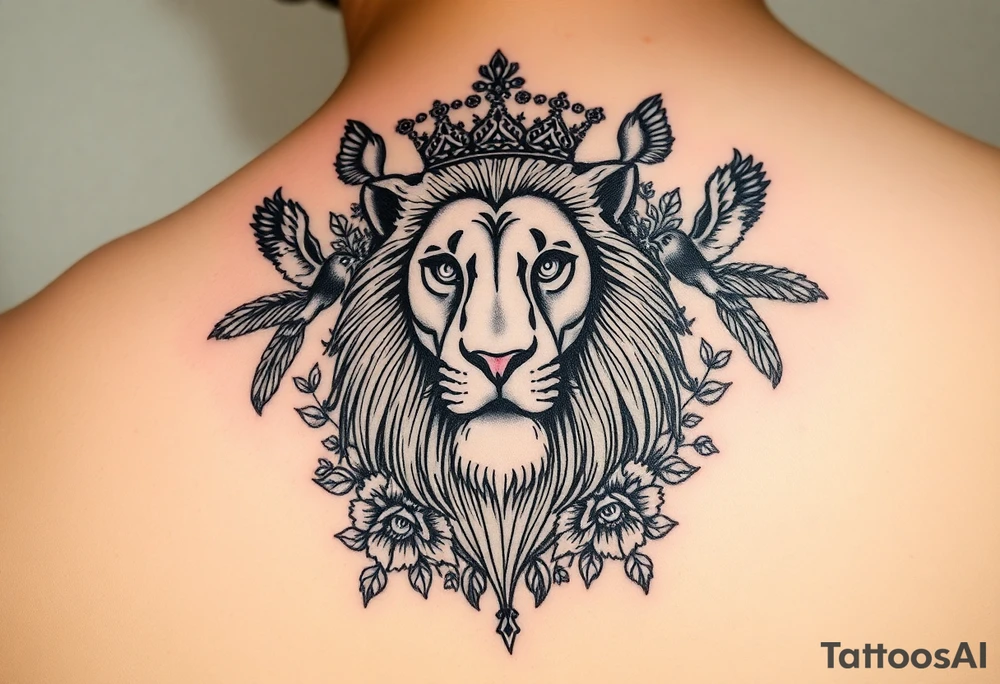 powerful majestic lion with a crown, surrounded by floral ornaments and birds tattoo idea