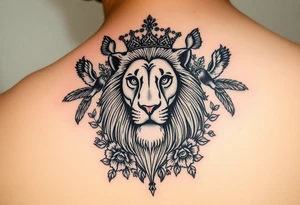 powerful majestic lion with a crown, surrounded by floral ornaments and birds tattoo idea