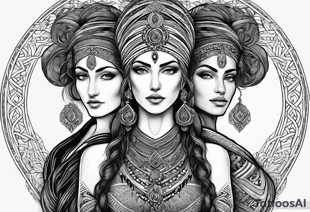 three women, side by side, young, old, middle-aged. women, weavers, godess of desteny. Moirens tattoo idea