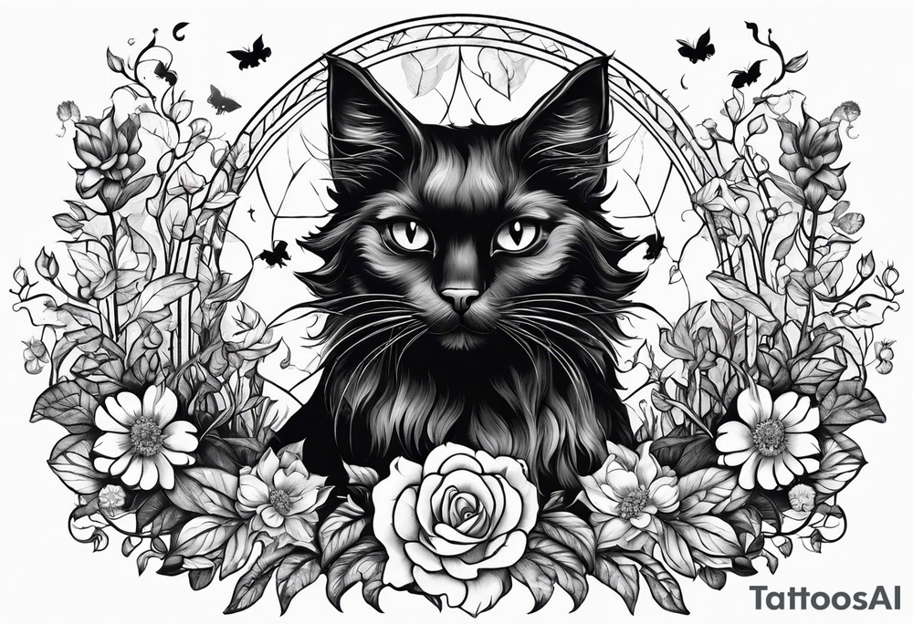 Ethereal witchy garden black cat tattoo idea
