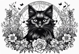 Ethereal witchy garden black cat tattoo idea