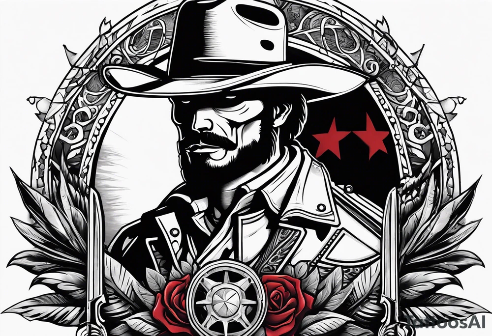 arm tattoo with a western background that has a horseman, skelleton in the middle with a revolver and red dead redemtion hat tattoo idea