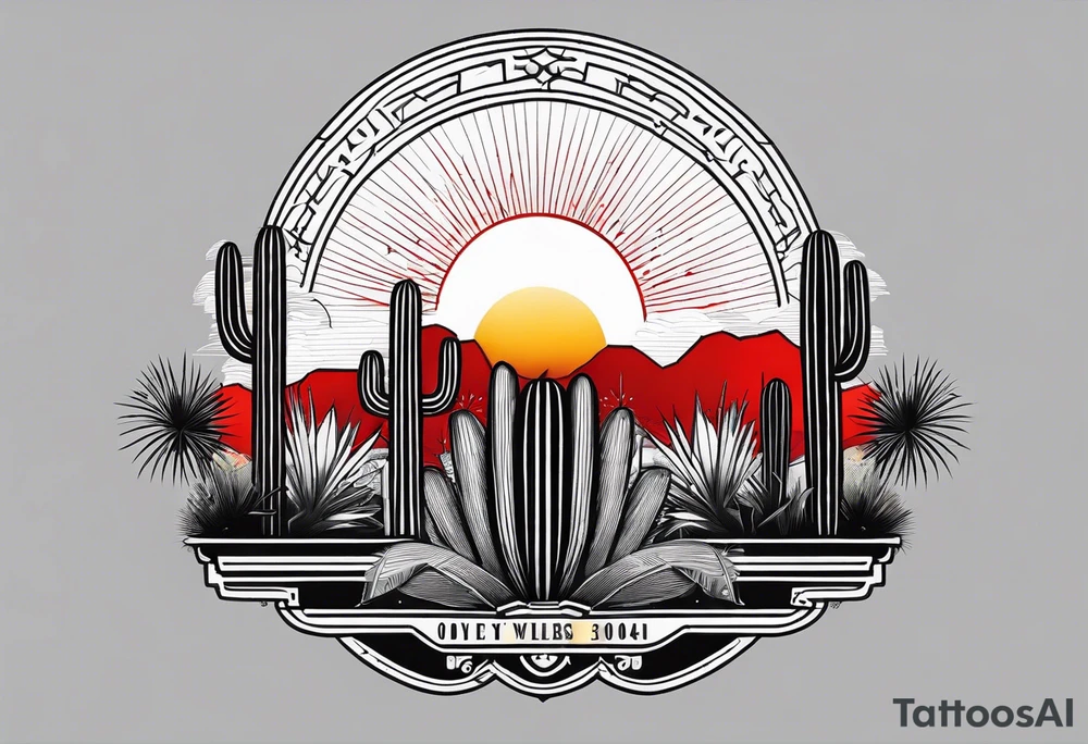 Crest with a hood on top,
13 rays of red and weld-yellow on the top half. NYC sky line
a cactus on the left side and a royal palm on the right side tattoo idea