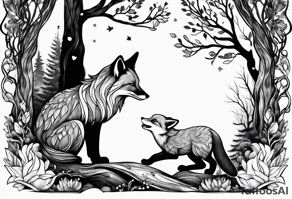 Forest mother feeding fox tattoo idea