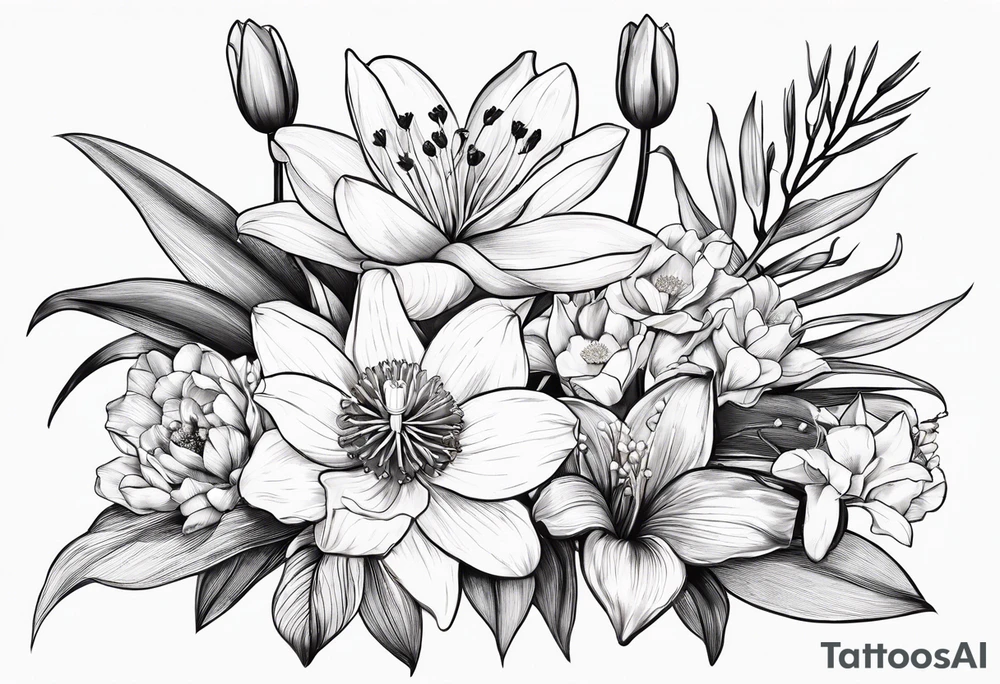 A small, line work bouquet of flowers with a water lily, gladiolus, poppy, lily of the valley, daffodil, and a honey suckle. With long stems and tied with a bow tattoo idea