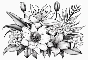 A small, line work bouquet of flowers with a water lily, gladiolus, poppy, lily of the valley, daffodil, and a honey suckle. With long stems and tied with a bow tattoo idea