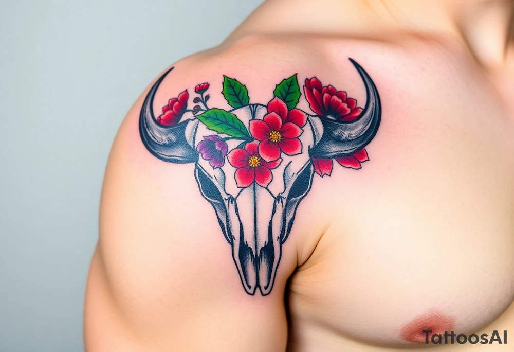 Buffalo or bison skull with flowers.green holly with red berries, purple larkspur,  red peony. Colour. For upper arm or shoulder. Masculin. tattoo idea