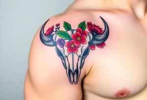 Buffalo or bison skull with flowers.green holly with red berries, purple larkspur,  red peony. Colour. For upper arm or shoulder. Masculin. tattoo idea