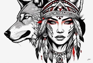 dark organic line artwork woman, native american, wolf, blood tattoo idea