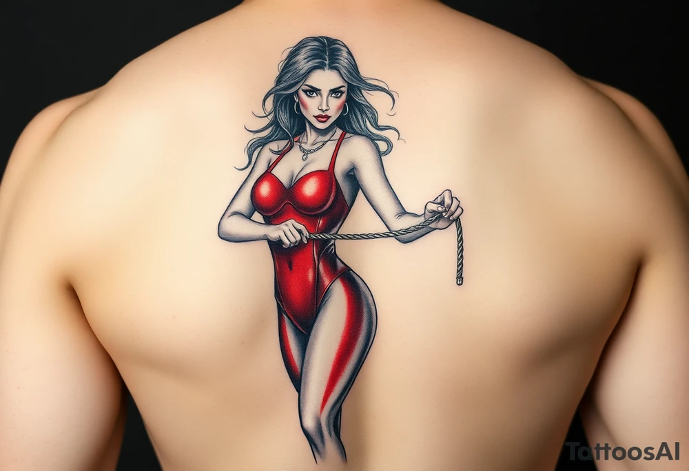 powerful female dominatrix in red latex catsuit with her submissive bound by rope tattoo idea