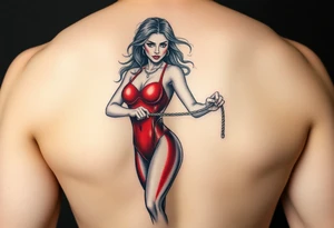 powerful female dominatrix in red latex catsuit with her submissive bound by rope tattoo idea