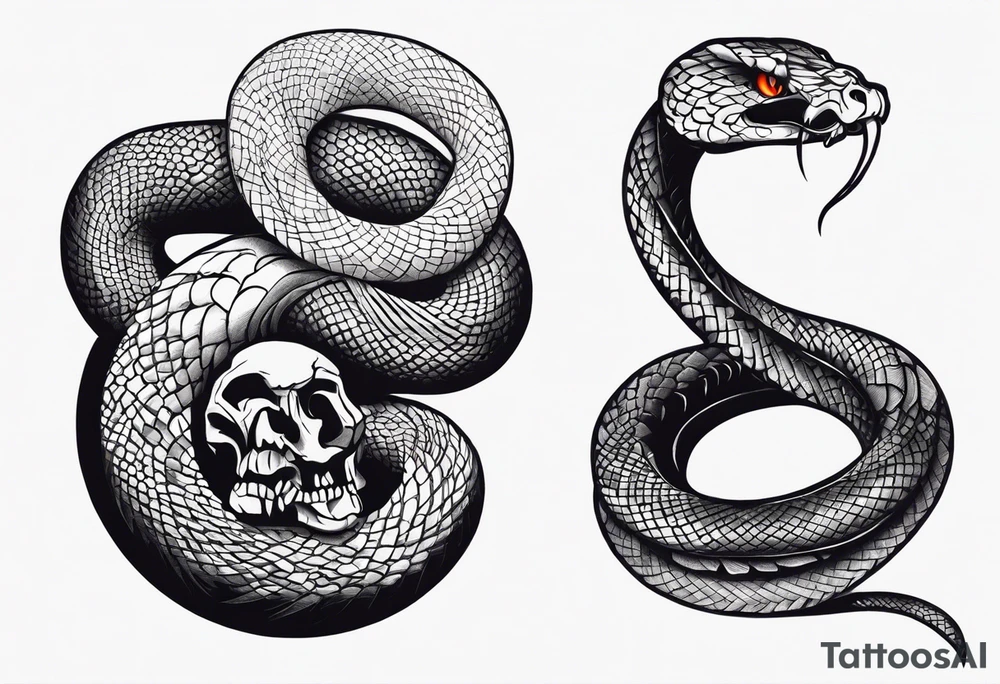 Aggresive Snake with skull, this design must be in a vertical vertical proportion. Also, the desing must be minimalistic not saturated. tattoo idea