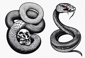 Aggresive Snake with skull, this design must be in a vertical vertical proportion. Also, the desing must be minimalistic not saturated. tattoo idea