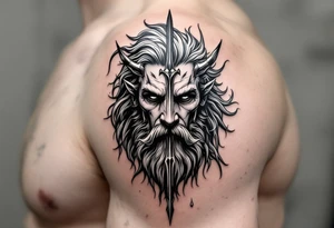 close-up gentle poseidon behind a trident tattoo idea