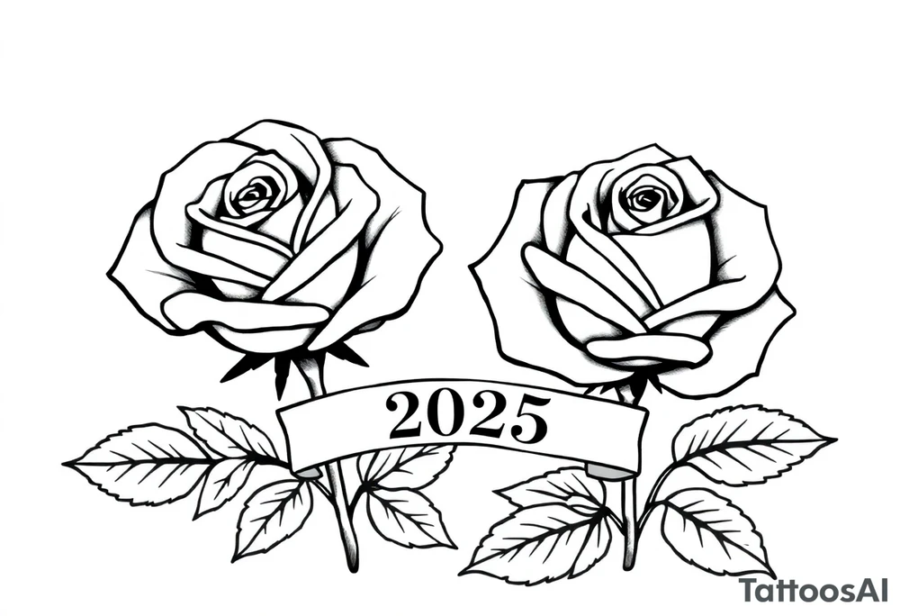 two beautiful large rose buds, one larger than the other, with many leaves next to the rose buds, with one sitting slightly higher than the other, side-by-side.  Include a banner connecting the two roses with the year 2025 on it.   Use dark outlines with little shading. No stems tattoo idea